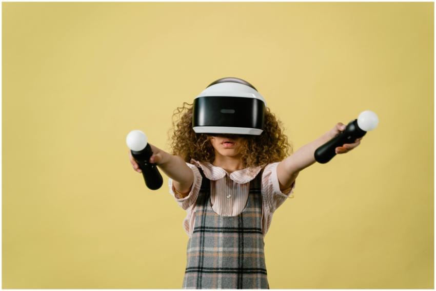 Girl immersed in virtual reality gaming with VR co
