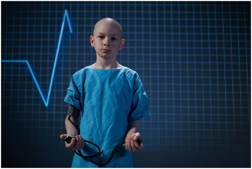 Bald child in hospital gown holding blood pressure