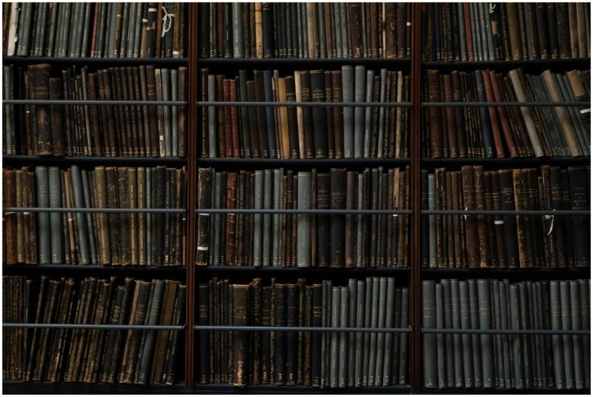 A close-up of vintage books on library shelves in