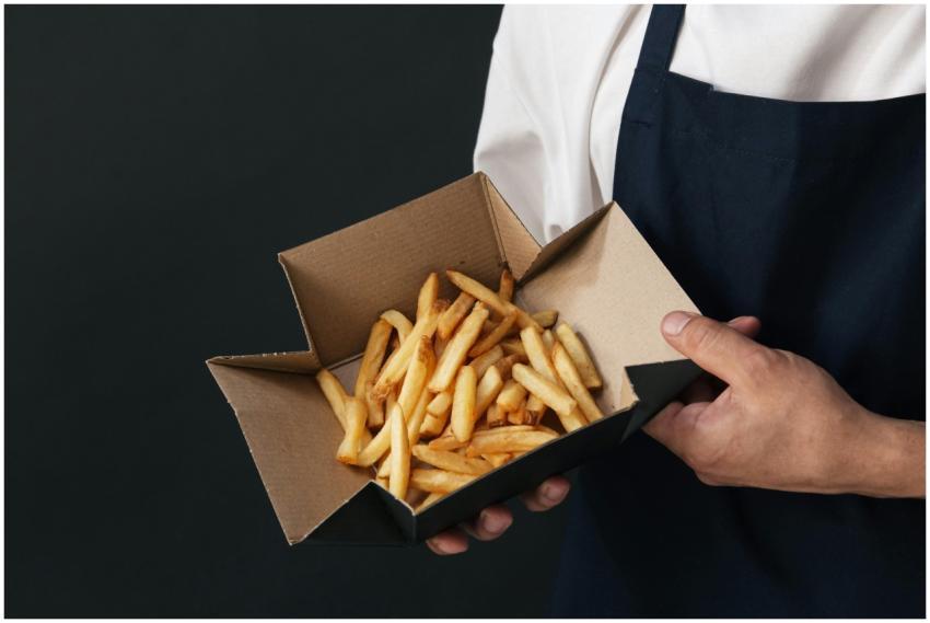 Chef holding a cardboard box of delicious French f