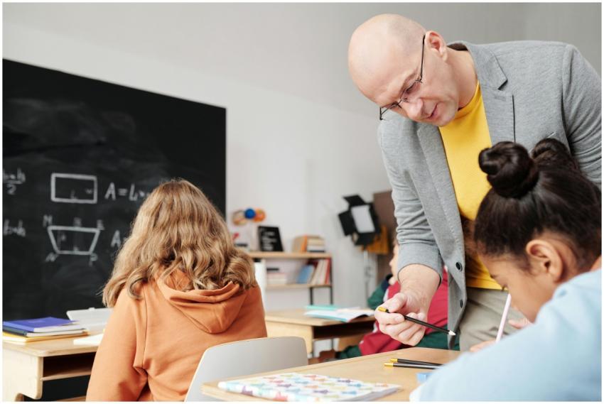 Teacher helping students in classroom, enhancing l