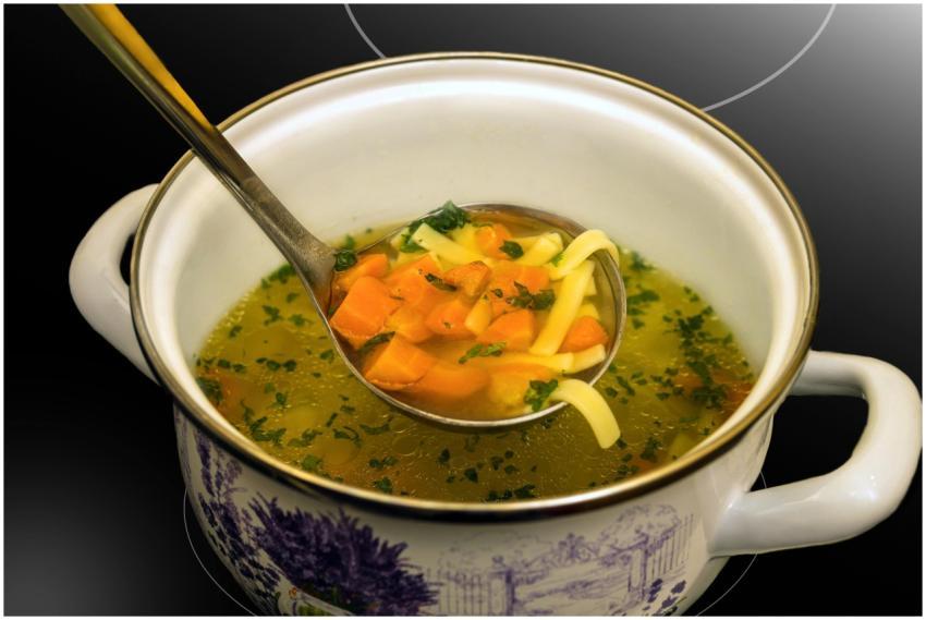 Warm chicken noodle soup with vegetables served in