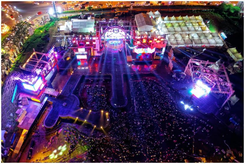 Aerial view of a vibrant music festival in Serpong