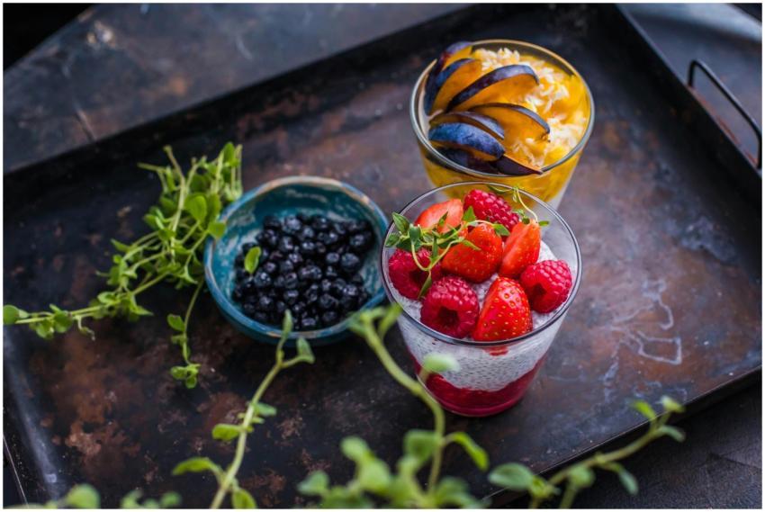 Fresh berry and fruit parfaits beautifully present