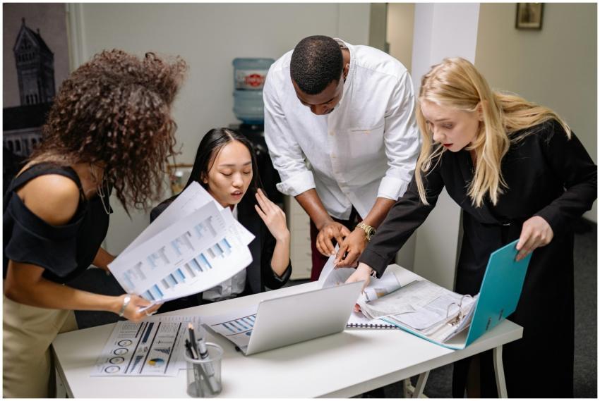 A diverse team of professionals engaged in a colla