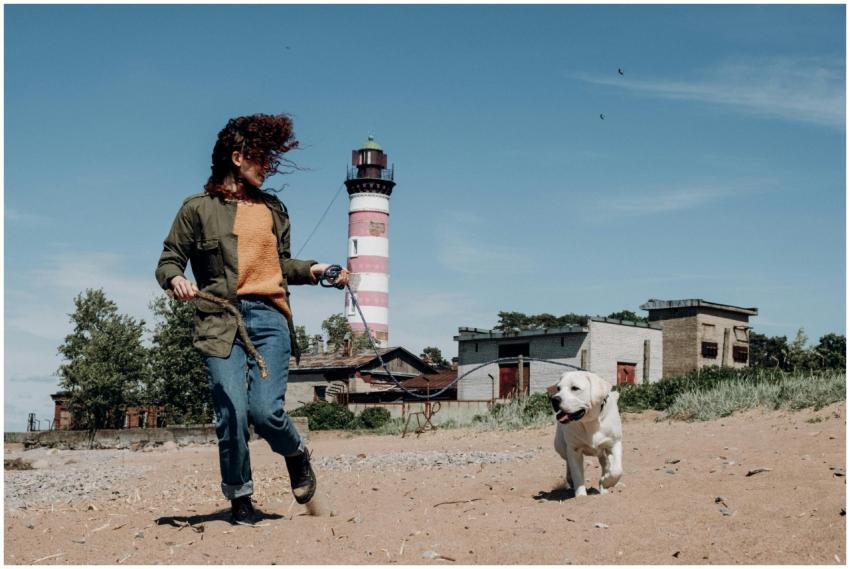 Woman and Labrador enjoying a sunny day on a sandy