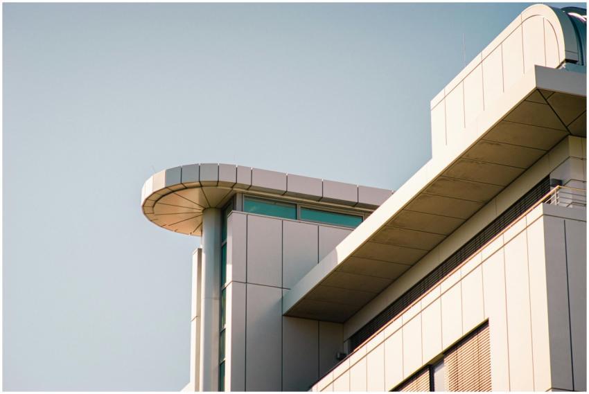 A contemporary building featuring geometric design
