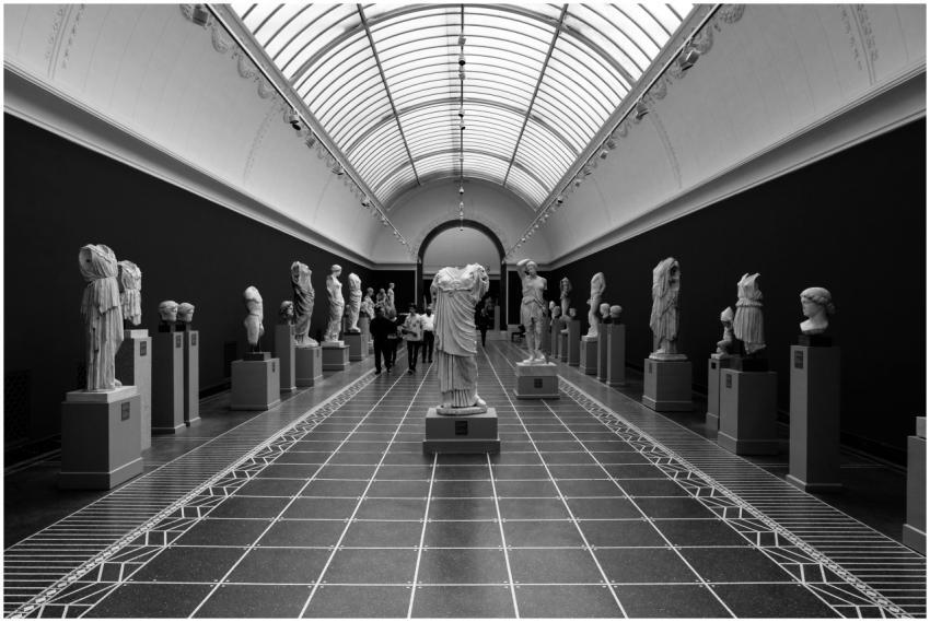 A captivating black and white view of sculptures i