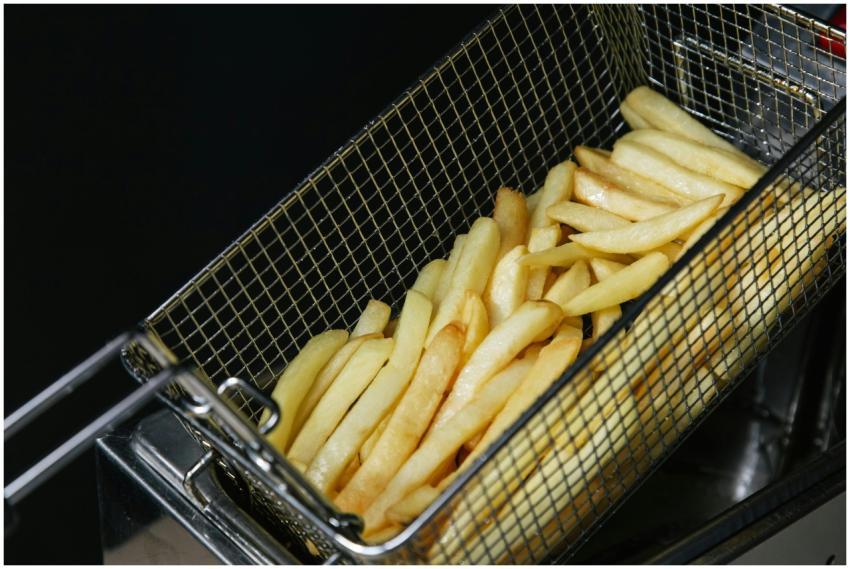 Close-up of freshly fried crispy French fries in a