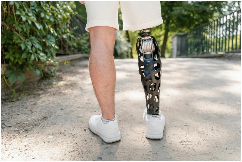 A confident individual with a prosthetic leg walki