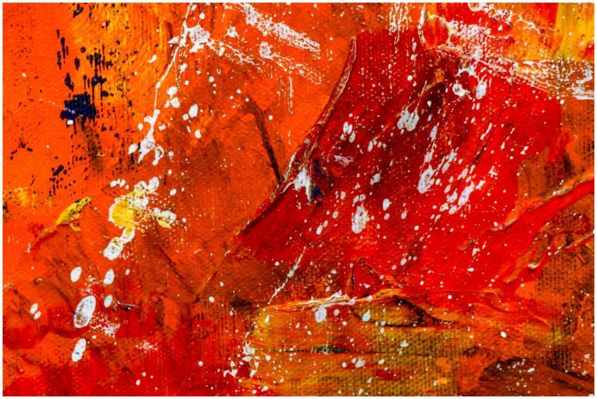 Bold abstract painting with vibrant red and orange