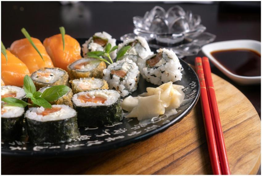 A mouth-watering assortment of sushi served with s