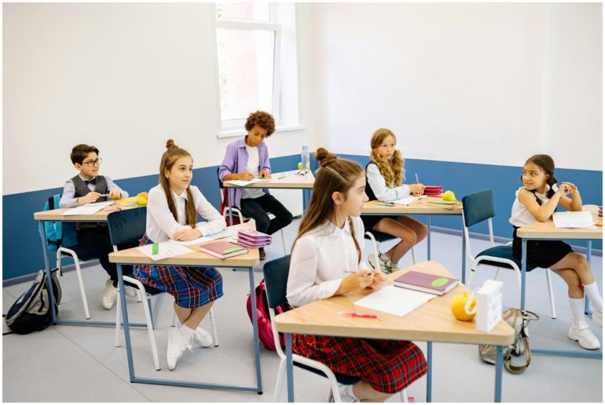 Students learning in a bright, diverse classroom s