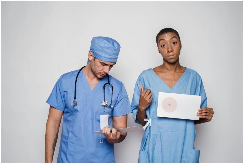 Medical professionals in blue scrubs promoting bre