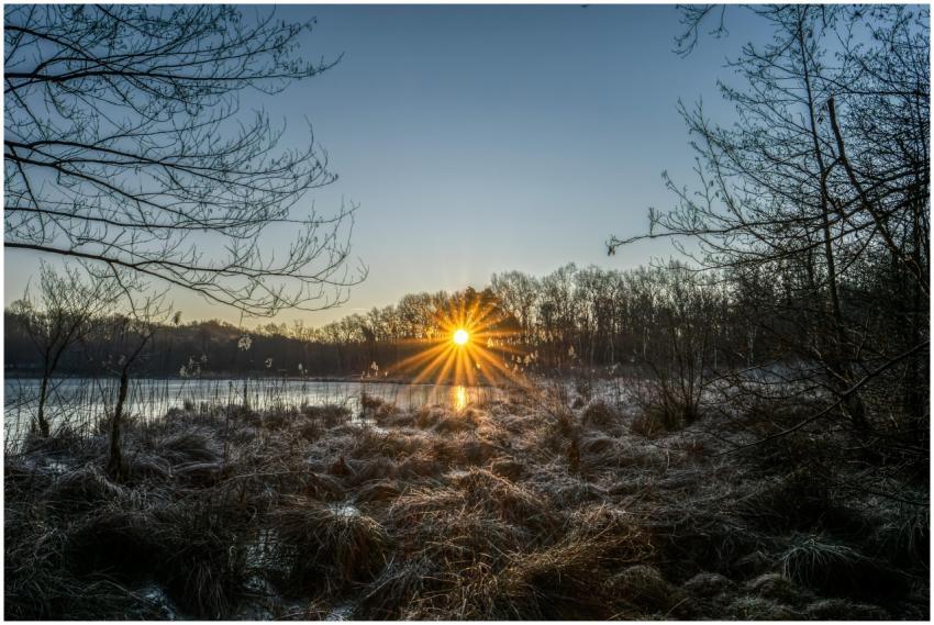 Beautiful sunrise over a frosty lake in winter, su