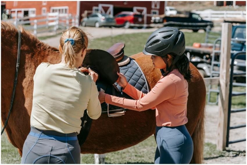 Two women preparing a horse for riding on a sunny