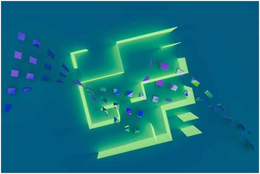 A vibrant 3D abstract design with glowing neon geo