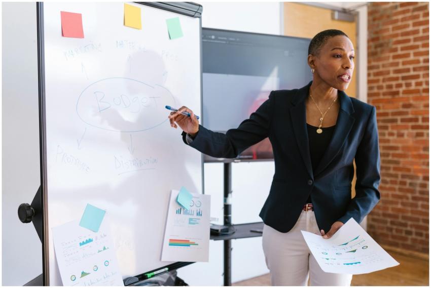 Professional businesswoman explaining budget strat