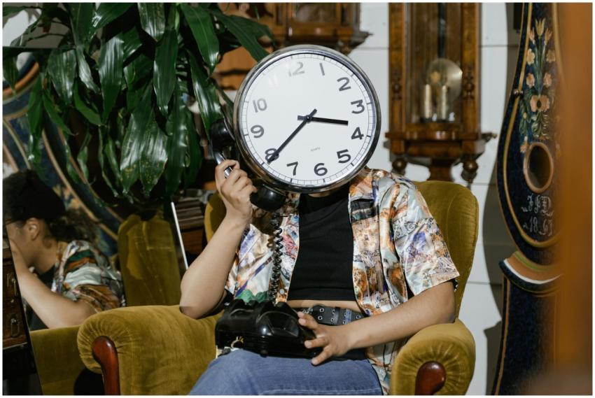 Person with clock face holding vintage telephone i