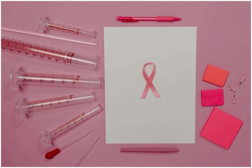 Pink ribbon and lab equipment symbolize breast can