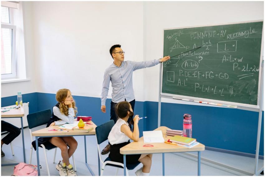 Teacher pointing at chalkboard with students in cl