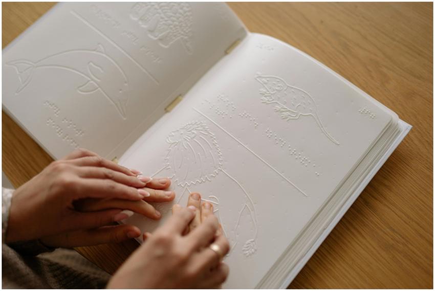 Hands exploring a braille book with tactile animal