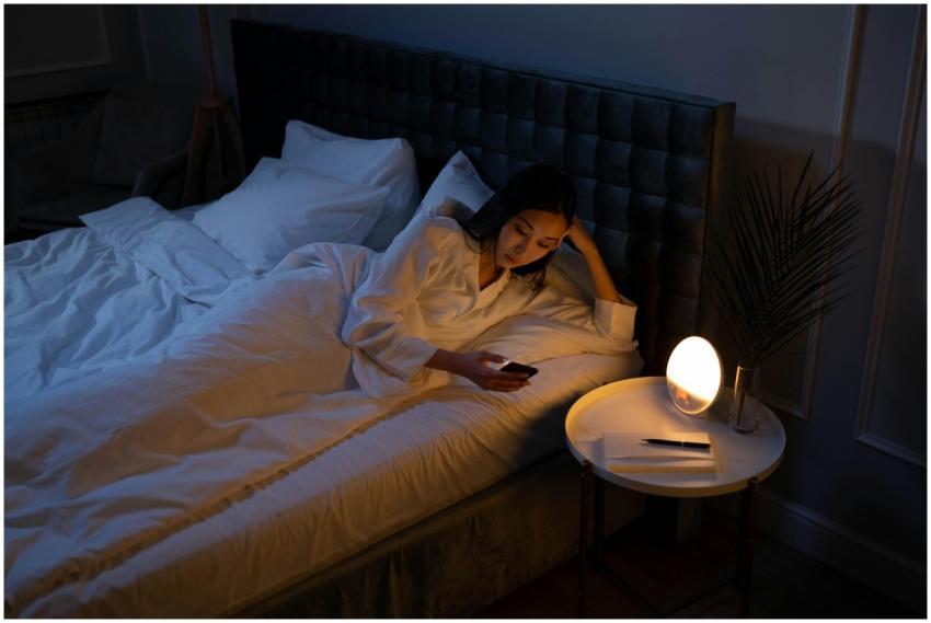 An Asian woman on a bed using her phone in a dim b