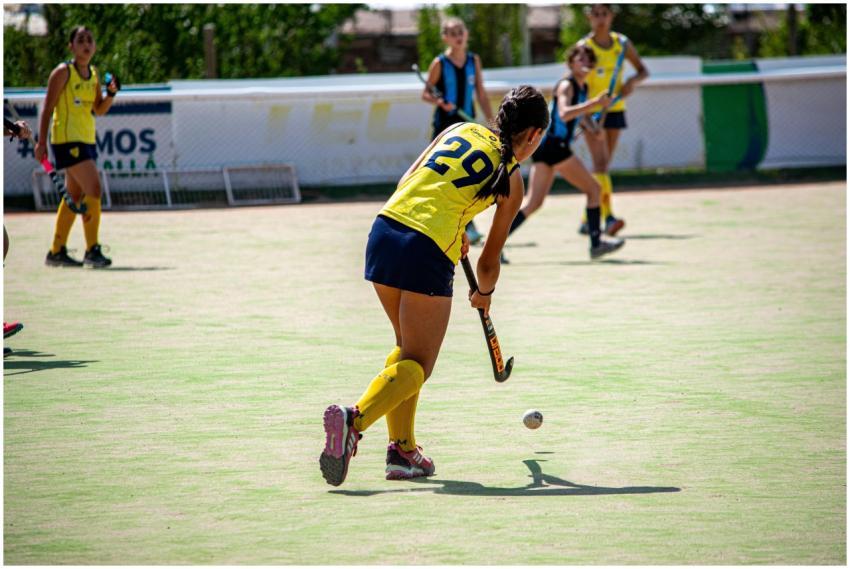 Female field hockey players in action on an outdoo