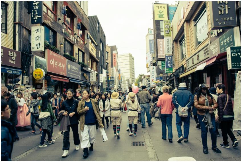 Vibrant city street in Korea with diverse people a