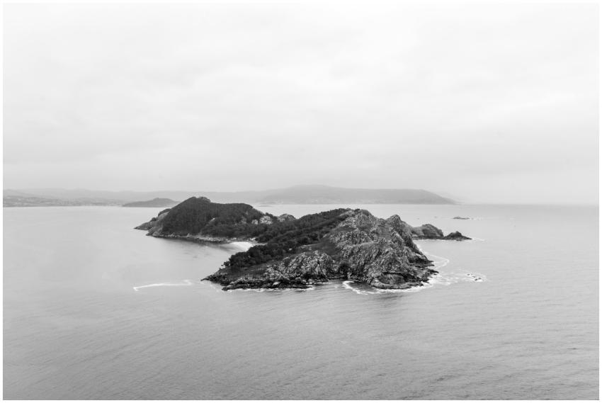 Aerial shot of the Cíes Islands in Galicia, Spain.