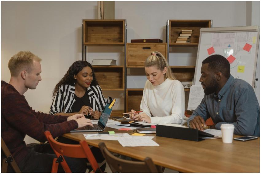 Multicultural team in a modern office engaged in a