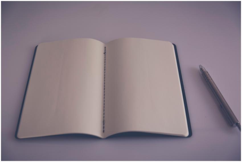 A minimalist photo of an open notebook with a pen
