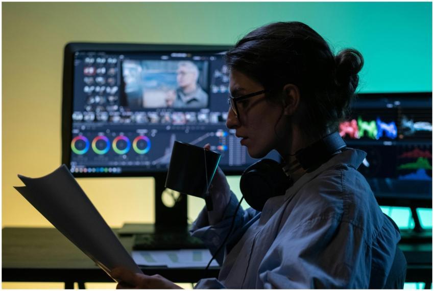 A concentrated editor sipping tea while reviewing