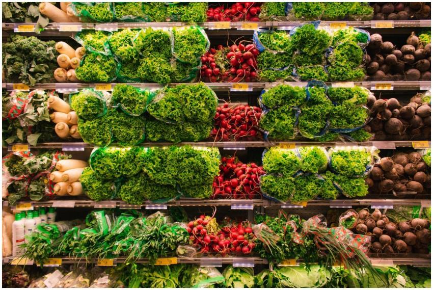 Colorful assortment of fresh vegetables arranged o