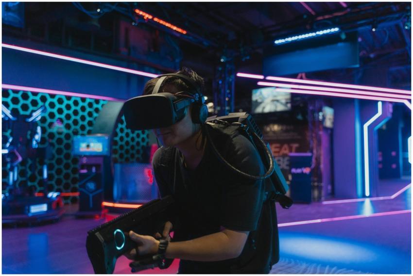 Man enjoying an immersive VR gaming experience wit