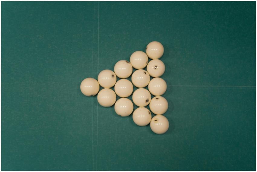 Flat lay of triangle arrangement of billiard balls