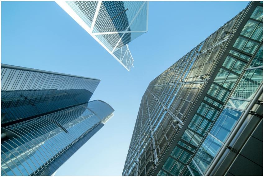 Modern skyscrapers captured from below, showcasing