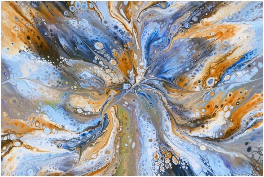 Vibrant abstract fluid painting featuring dynamic