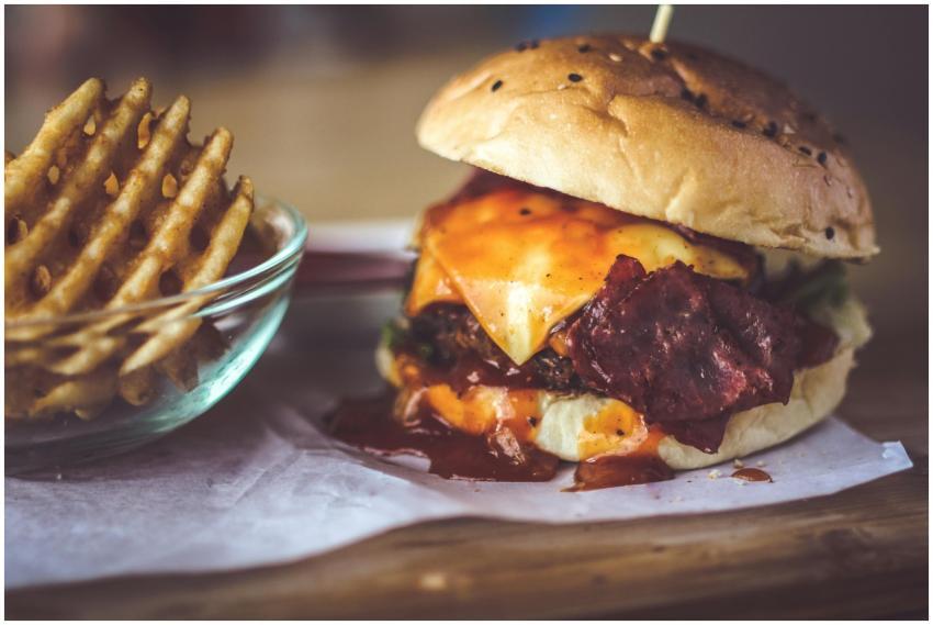 Close-up of a delicious cheeseburger with bacon an