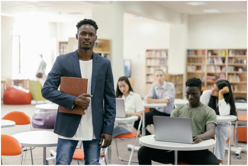 University library scene with students studying an