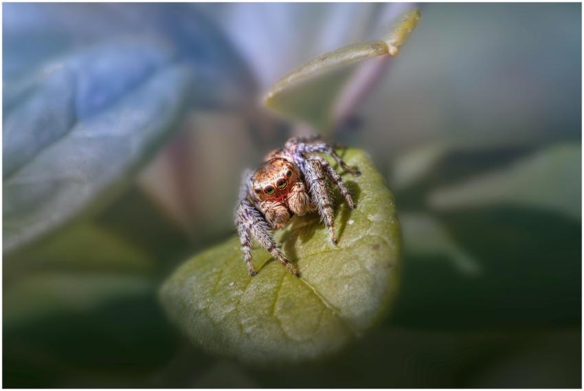 Macro shot of a jumping spider perched on a leaf,