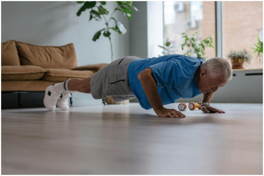 Senior man doing push-ups at home, focusing on fit