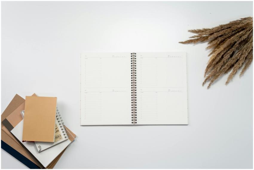 Open notebook with planner pages, surrounded by no