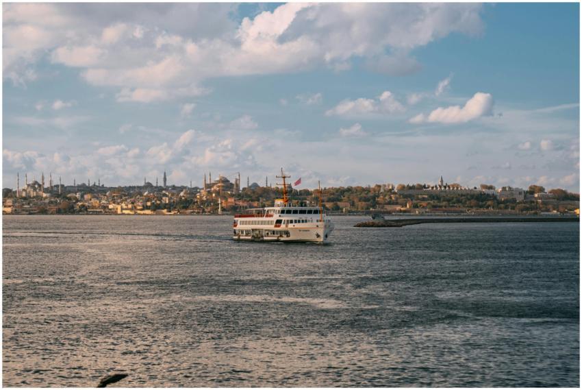 Scenic view of a ferry on the Bosphorus with the h