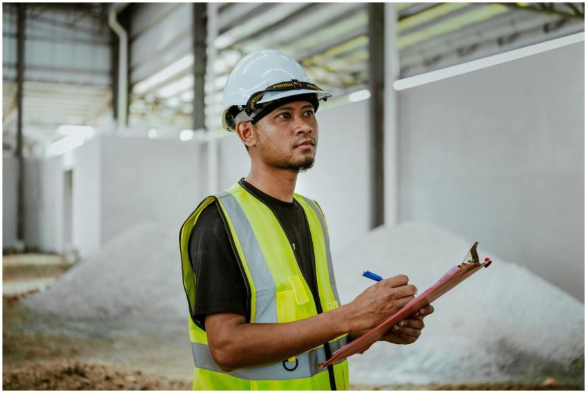 Asian construction worker in a factory setting, us