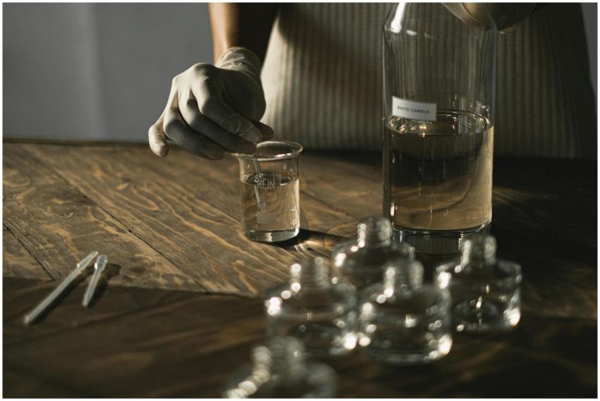 Crop anonymous female in latex gloves making fluid