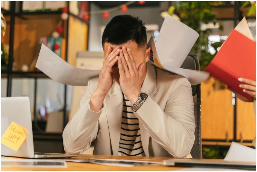 Stressed businessman overwhelmed by paperwork in o