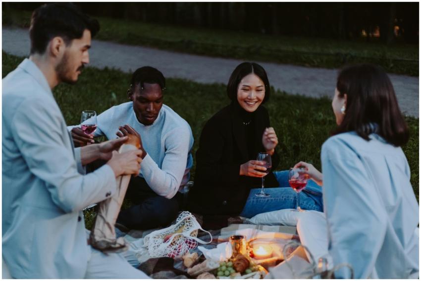 A group of diverse friends enjoying an evening pic