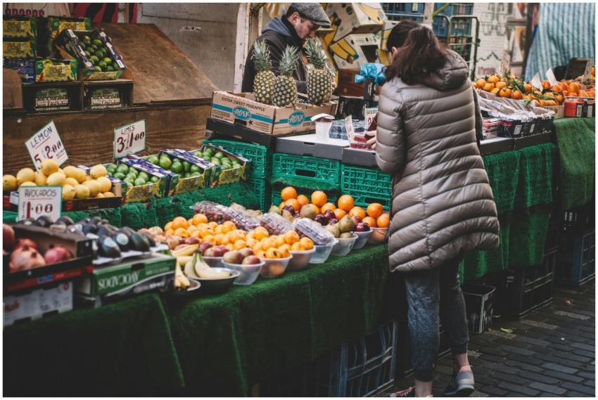 Lively city market stall displaying diverse fresh