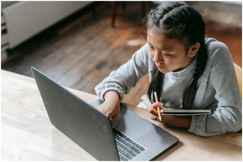 From above of concentrated Asian schoolgirl with p